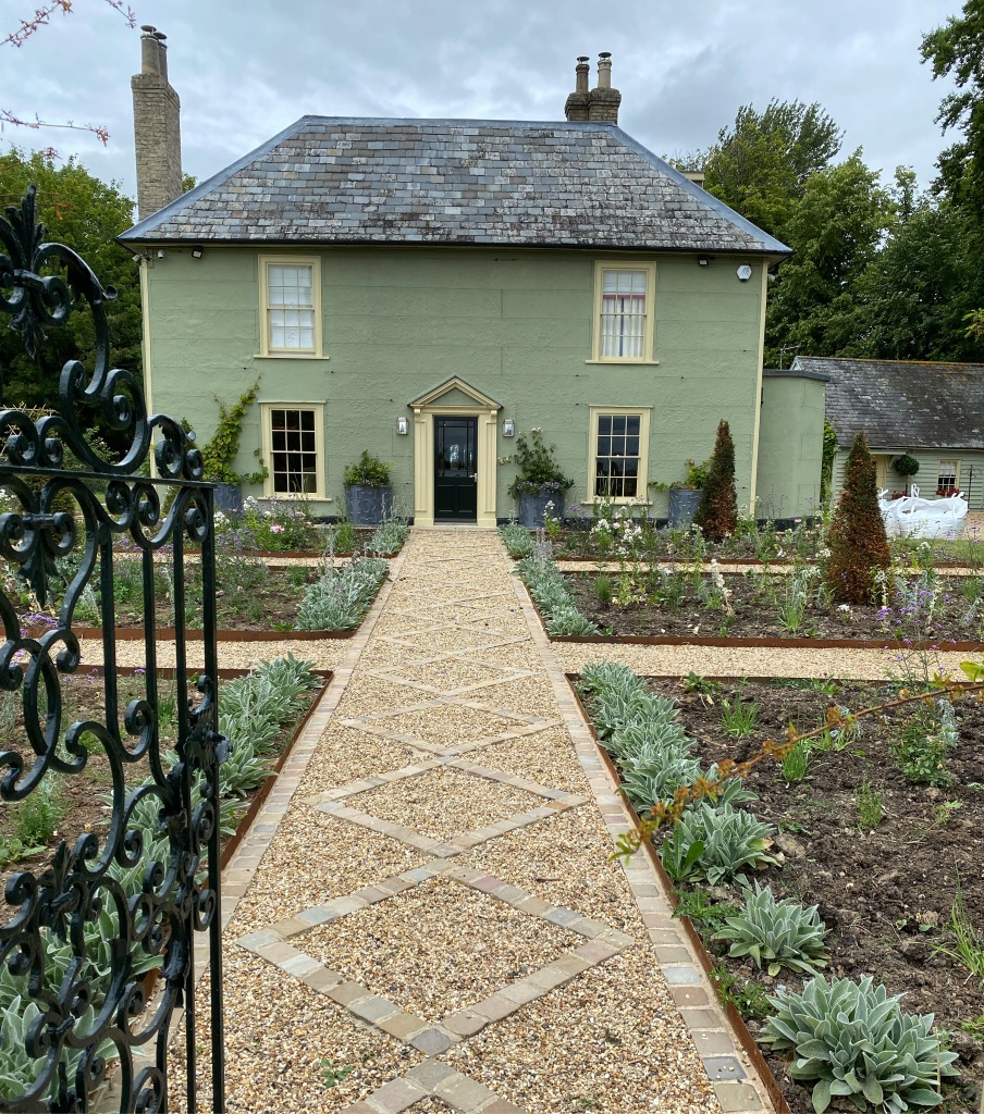 17th Century Front Garden - Design and build - Limestone and gravel path, corten steel edging, herbaceous planting 